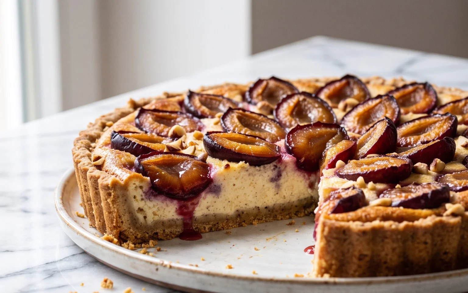 Zwetschgen-Topfenkuchen mit Nuss-Mürbteig