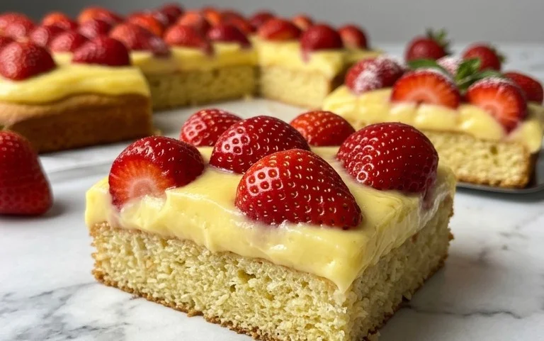 Erdbeerkuchen vom Blech mit Pudding: Sommerleicht & Cremig